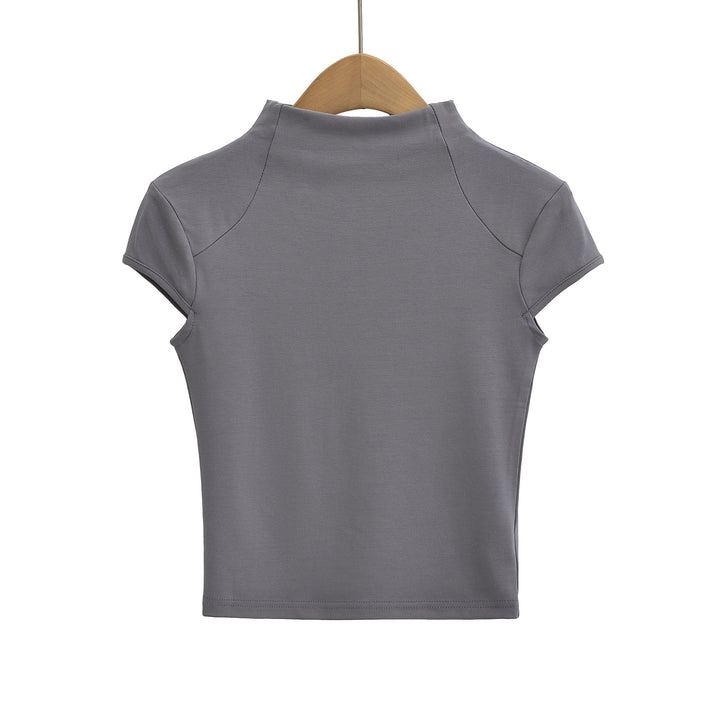 Damen hochwertiges Kurzarm-T-Shirt mit Stehkragen und figurbetontem Schnitt Drune