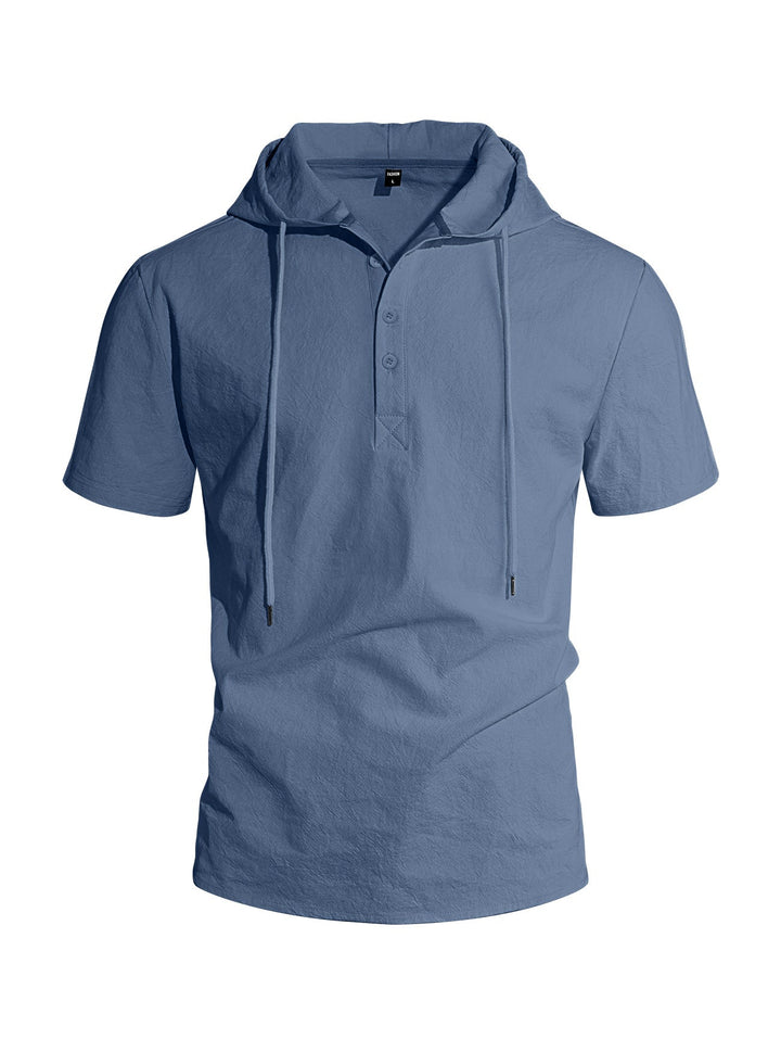 Herren nan kurzärmeliges Kapuzen-Henley aus Slub-Baumwolle mit verdeckter Knopfleiste und Kordelzug Drune