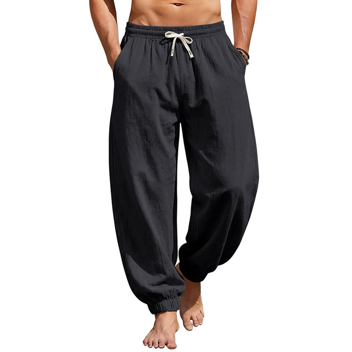 Herren Weite Leinenoptik-Strandhose mit Kordelzug, elastischem Bund und gerafften Beinabschlüssen Drune