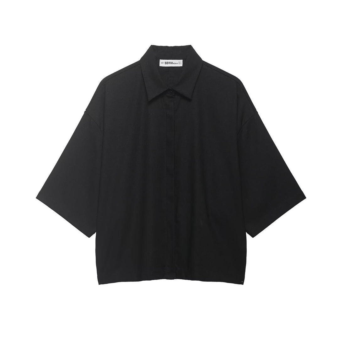 Damen Oversized Kurzarm‑Hemdbluse mit Kimonoärmeln und verdeckter Knopfleiste Drune