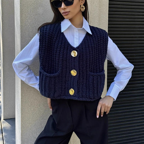 Damen Grobgestrickte Cropped Weste mit V-Ausschnitt und goldenen Zierknöpfen Drune