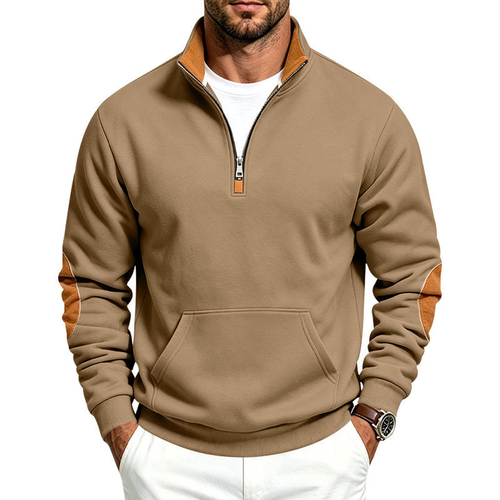 Herren Troyer-Pullover mit halbem Reißverschluss, Kängurutasche und Ellbogen-Patches Drune
