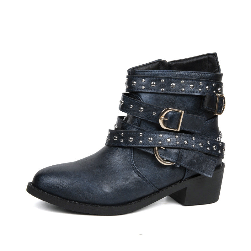 Damen Stiefeletten mit modischen Schnallen und dekorativen Nieten Drune