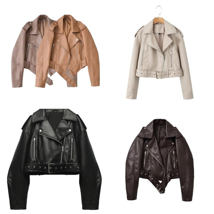 Damen taillierte Kunstleder-Bikerjacke mit Gürtel Drune