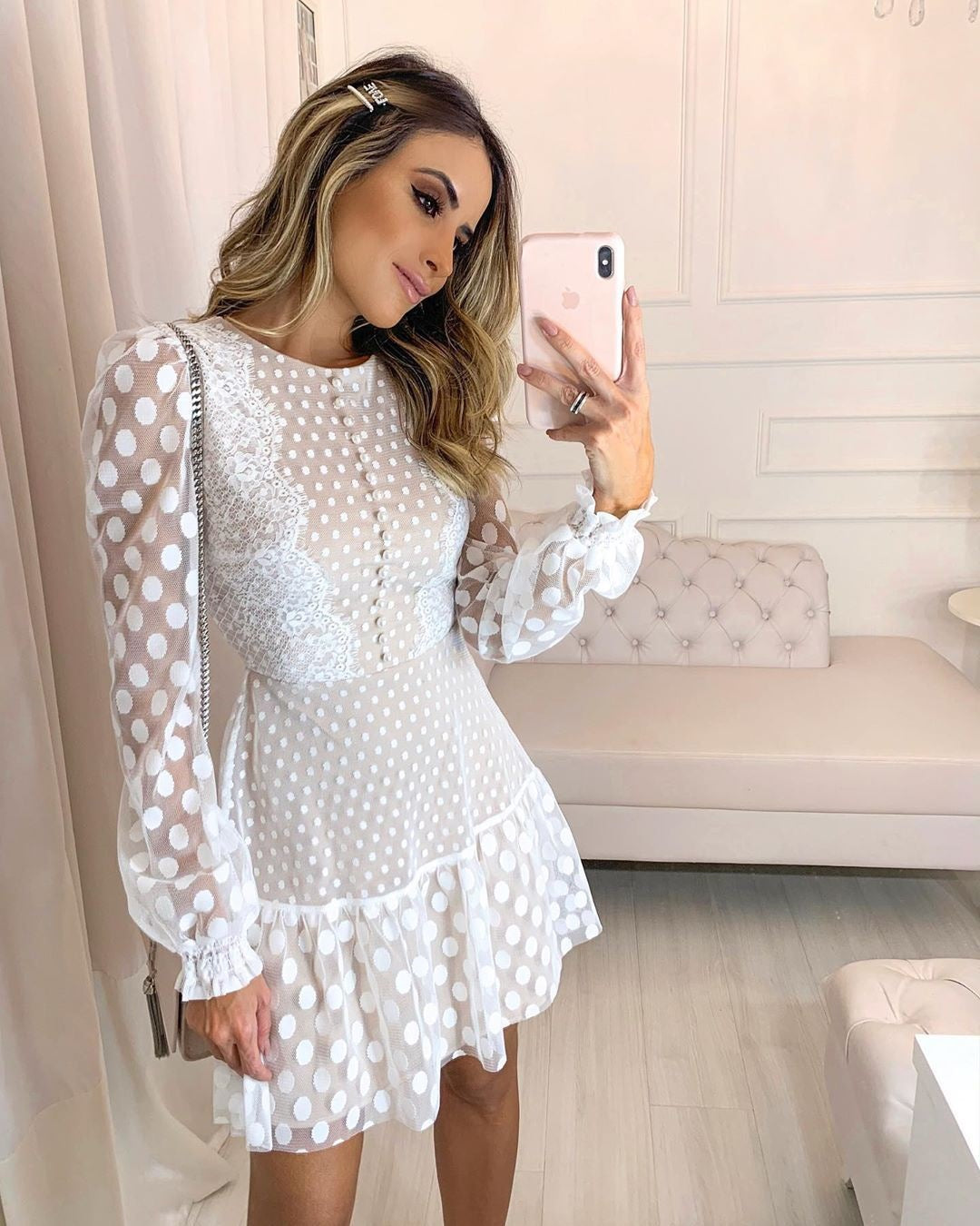 Damen luftiges Kleid mit transparenten Einsätzen und Rüschensaum Drune