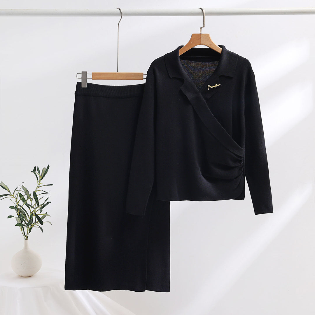 Damen elegantes Strickensemble mit Wickeloberteil und raffinierter hoher Taillierung Drune