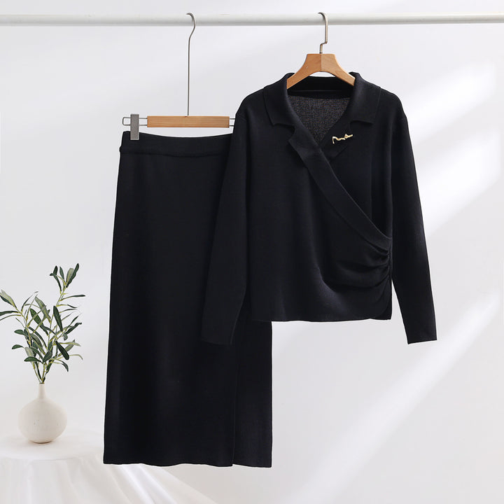 Damen elegantes Strickensemble mit Wickeloberteil und raffinierter hoher Taillierung Drune