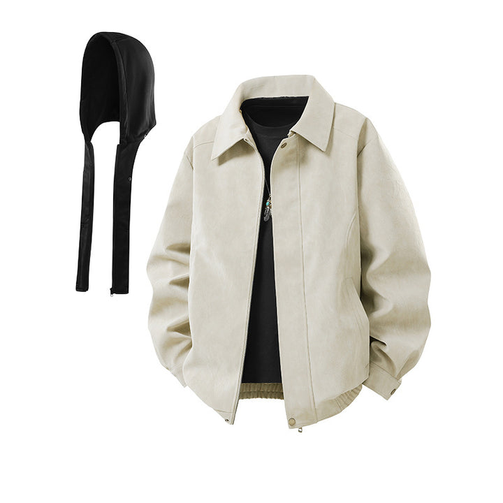 Herren Kunstleder-Blouson mit abnehmbarer Kapuze, verdecktem Reißverschluss und elastischem Saum Drune