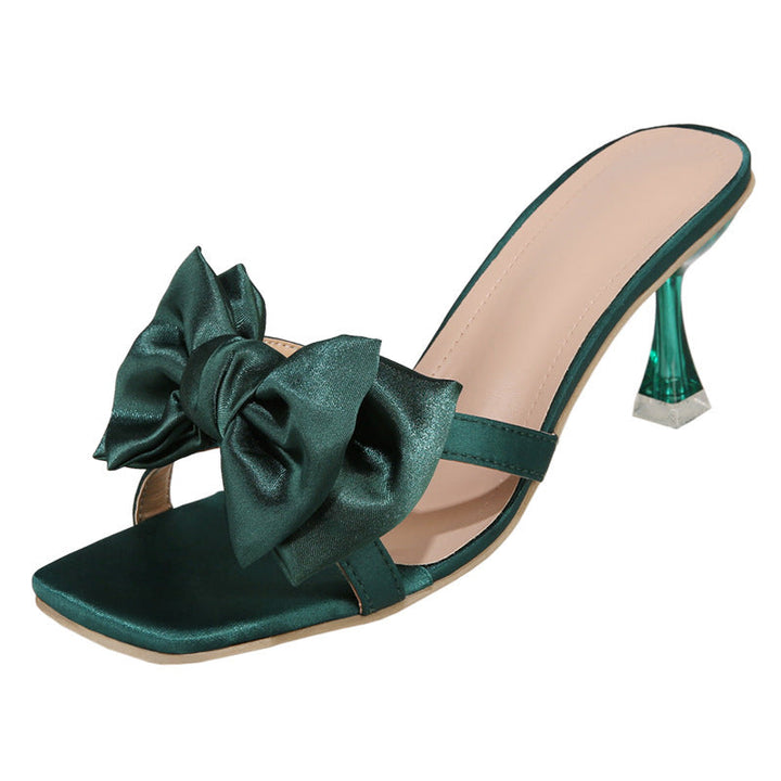 Damen High Heel Pantoletten mit eleganter Schleifen-Applikation und glitzerndem Absatz Drune