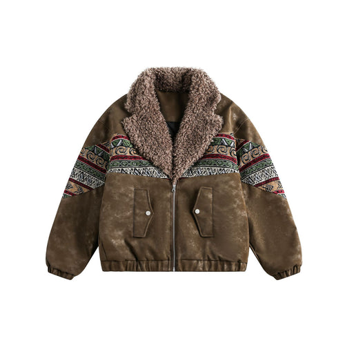 Damen Kurzer Suede-Bomber mit Kunstfellkragen und Ethno-Webeinsätzen Drune
