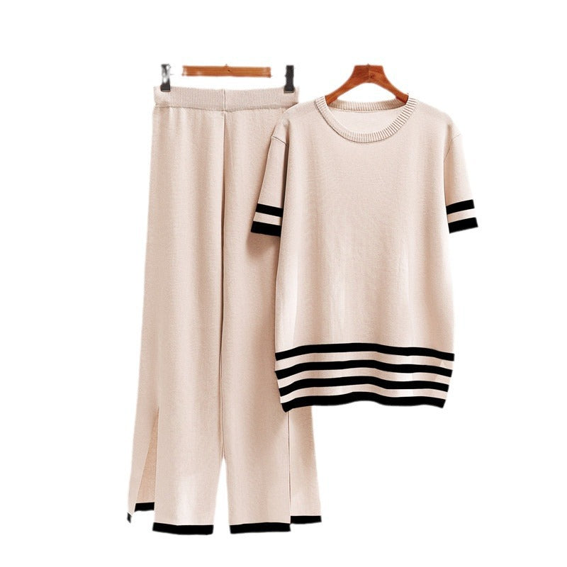 Damen stylisches Strick-Loungewear-Set mit breiten Streifen und seitlichen Schlitzen Drune