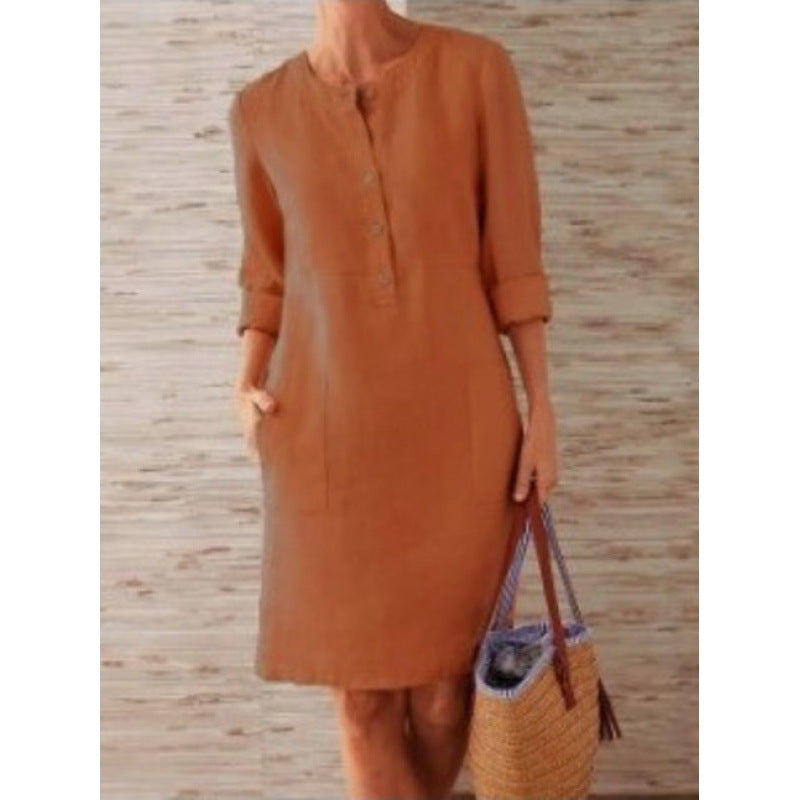 Damen Locker geschnittenes Leinenoptik-Kleid mit dreiviertel-Ärmeln, Knopfleiste und Eingrifftaschen Drune