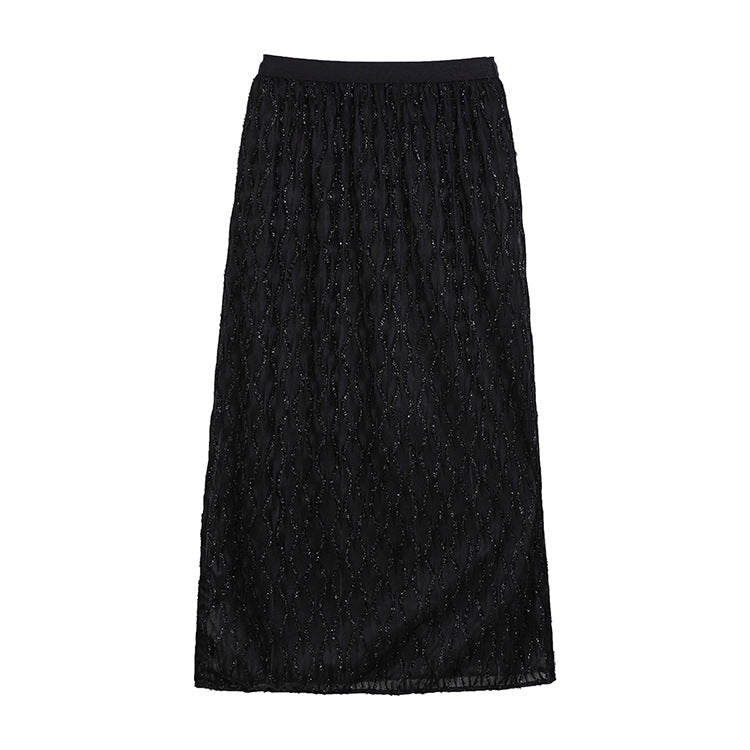 Damen nan bestickter Midimaxirock mit feinem Glitzermesh und elastischem Komfortbund Drune