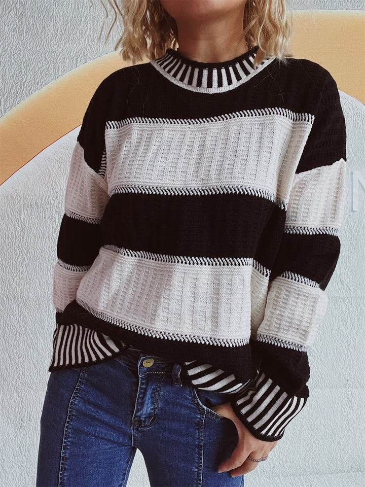 Damen modischer Strickpullover mit einzigartigem Streifenmuster und hohen Bündchen Drune