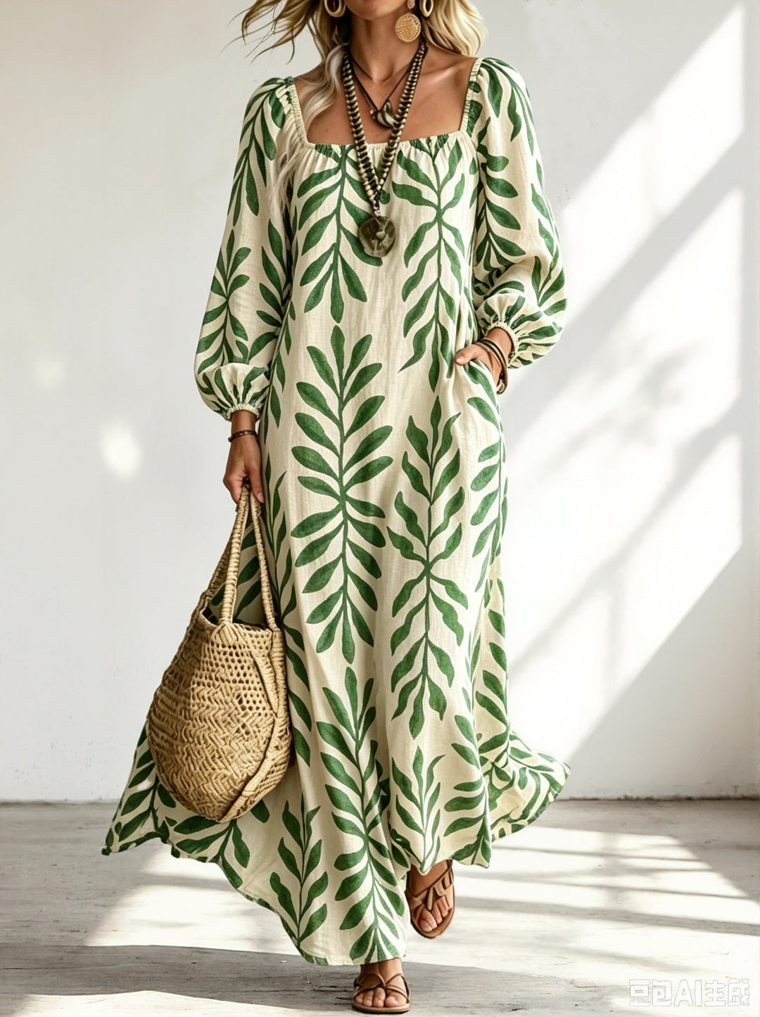 Damen Maxikleid mit quadratischem Ausschnitt, Ballonärmeln und botanischem Print Drune