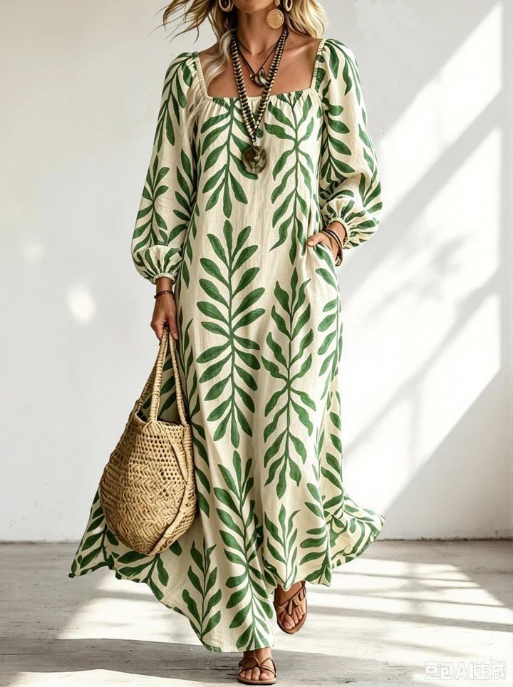 Damen Maxikleid mit quadratischem Ausschnitt, Ballonärmeln und botanischem Print Drune