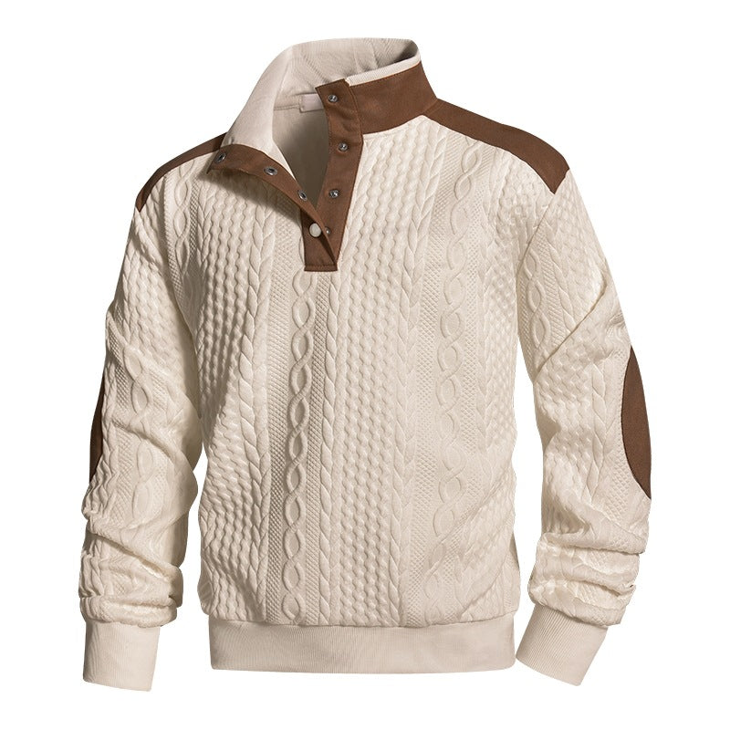 Herren Strickpullover mit Zopfmuster, Stehkragen und Kontrast‑Schulter- & Ellbogenpatches Drune