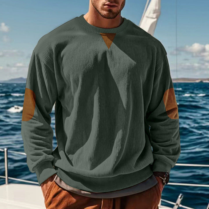 Herren nan gerippter Strickpullover mit Rundhalsausschnitt Ellbogen-Patches und Zierdreieck Drune