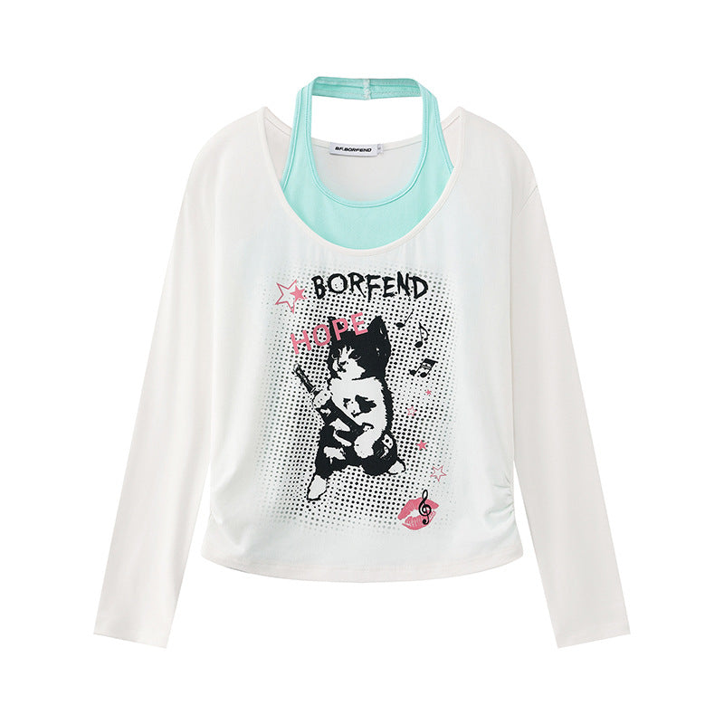 Damen Lagen-Langarmshirt mit Racerback-Innenlayer und Cartoon-Katzenprint Drune