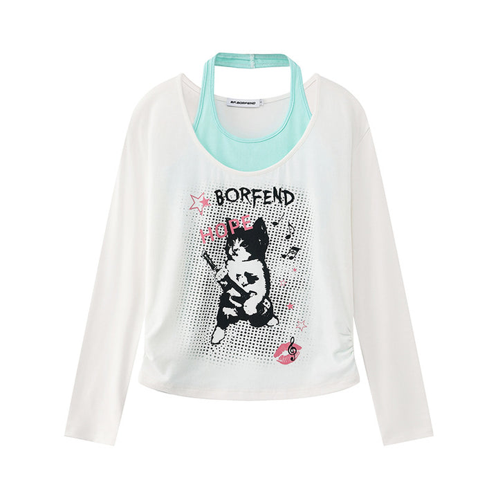 Damen Lagen-Langarmshirt mit Racerback-Innenlayer und Cartoon-Katzenprint Drune