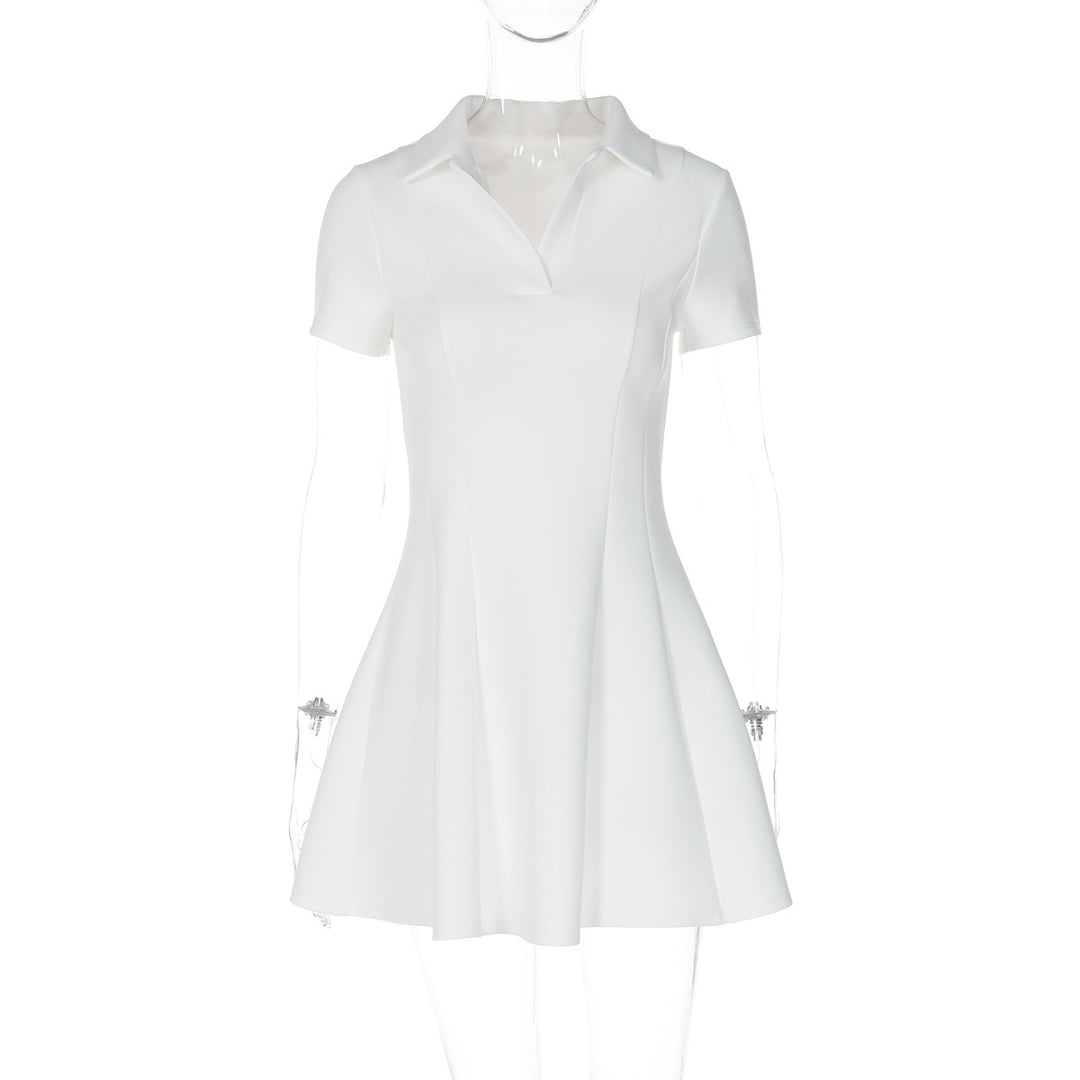 Damen Kurzarm Kleid mit modischem Polokragen und fließendem Schnitt Drune
