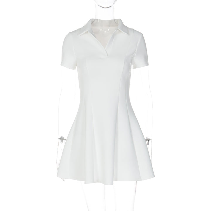 Damen Kurzarm Kleid mit modischem Polokragen und fließendem Schnitt Drune