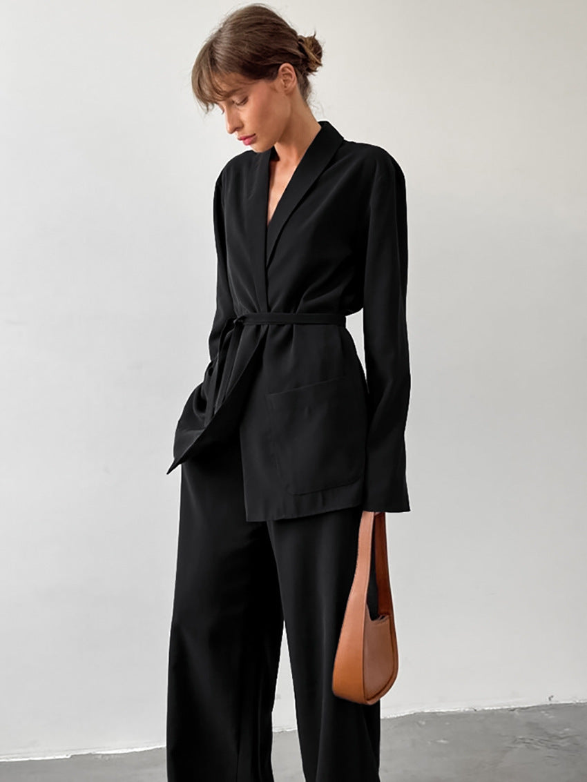 Damen Blazerjacke mit taillierbarem Gürtel und praktischen Taschen Drune