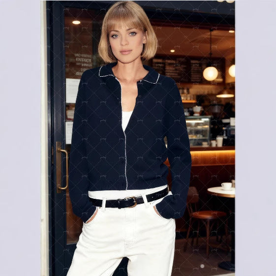 Damen Strickjacke mit eleganter Bubikragen und feinen Knopfdetails Drune