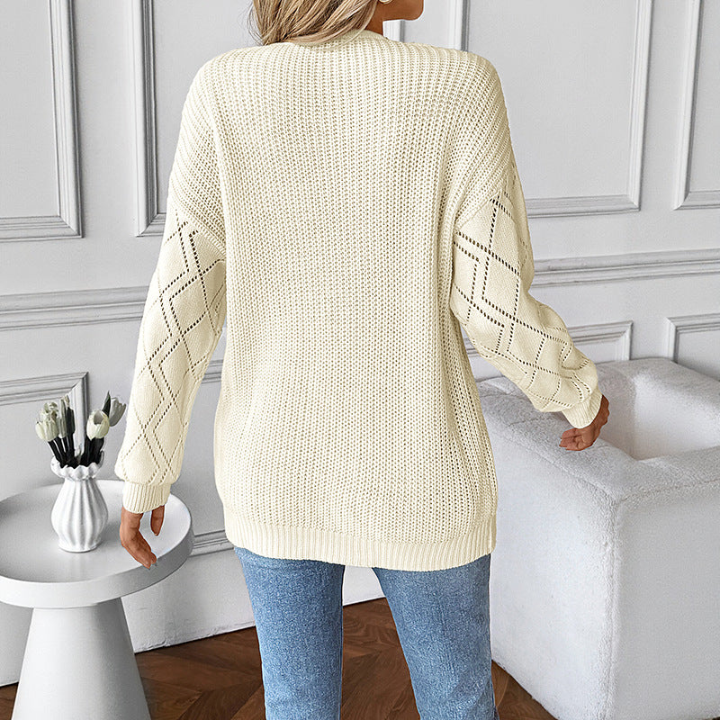 Damen Gestrickter V‑Ausschnitt‑Pullover mit Spitzen‑Einsatz und Ajourärmeln Drune