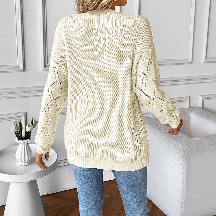 Damen Gestrickter V‑Ausschnitt‑Pullover mit Spitzen‑Einsatz und Ajourärmeln Drune