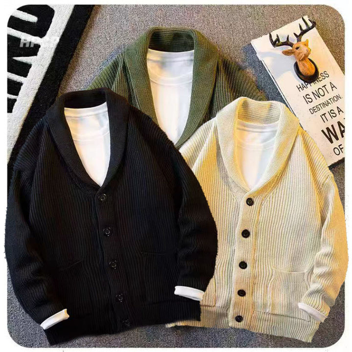 Herren Schalkragen-Cardigan aus grobem Rippstrick mit Taschen & Knopfleiste Drune