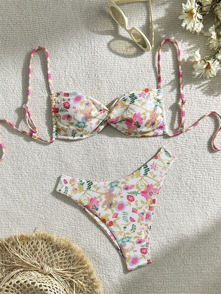 Damen Floral gefütterter Bikini mit herausnehmbarem Push-up und verstellbaren Schnüren Drune