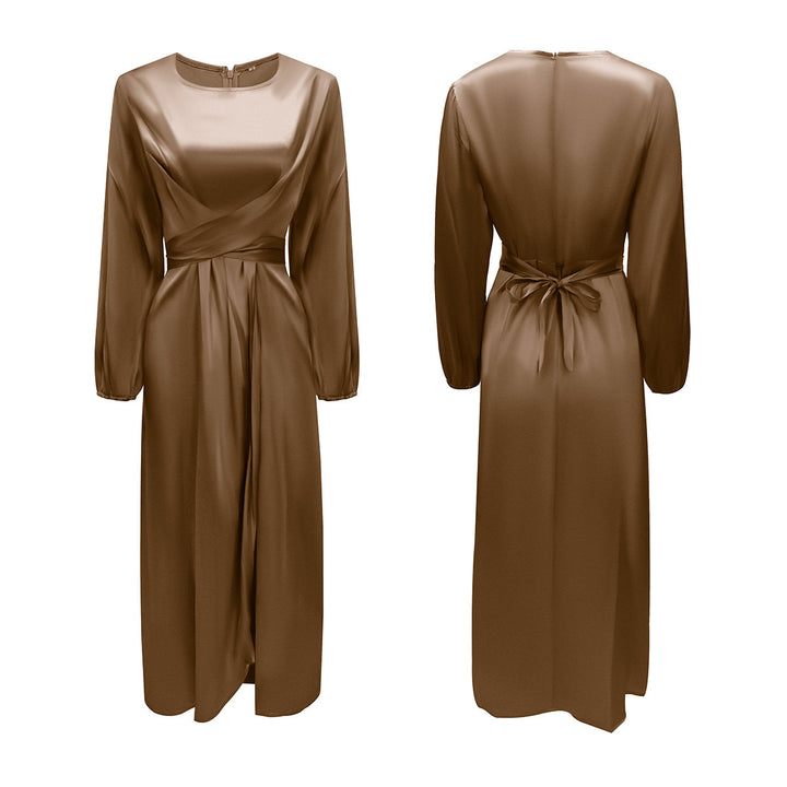 Damen Elegantes Maxikleid aus Satin mit Wickel-Detail, Langarm und Taillenband Drune