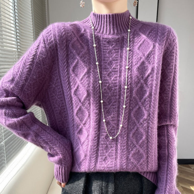 Damen Kuscheliger Mohair‑Optik Mockneckpullover mit Rautenzopfstruktur und kastiger Silhouette Drune