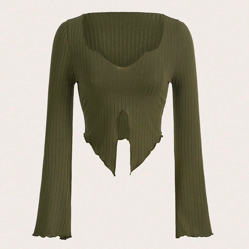Damen fein geripptes Cropped-Longsleeve mit asymmetrischem Wellensaum und Cut-Out Drune