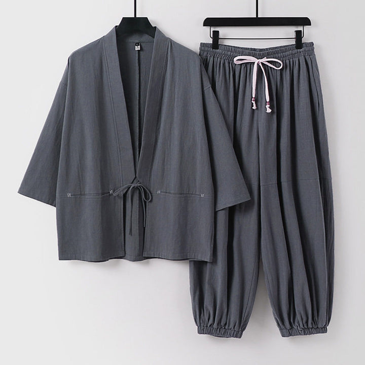 Unisex Lockeres Kimono-Loungewear-Set aus atmungsaktivem Baumwollmix mit Kordelbund und gerafften Knöcheln Drune