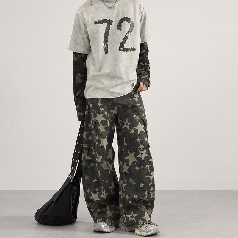 Herren weite Cargo-Palazzo-Hose mit allover Sternen-Print und Utility-Taschen Drune