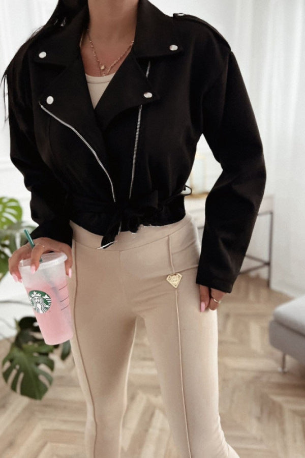 Damen Lässige Übergangsjacke im Biker-Stil mit Taillengürtel Drune