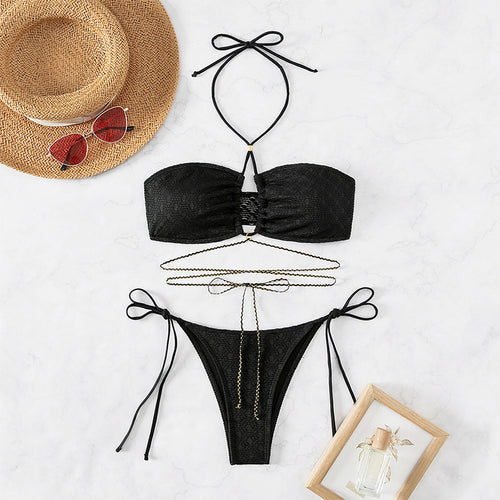 Damen Bandeau-Bikini mit dekorativem Kettenakzent und verstellbaren Bindebändern Drune