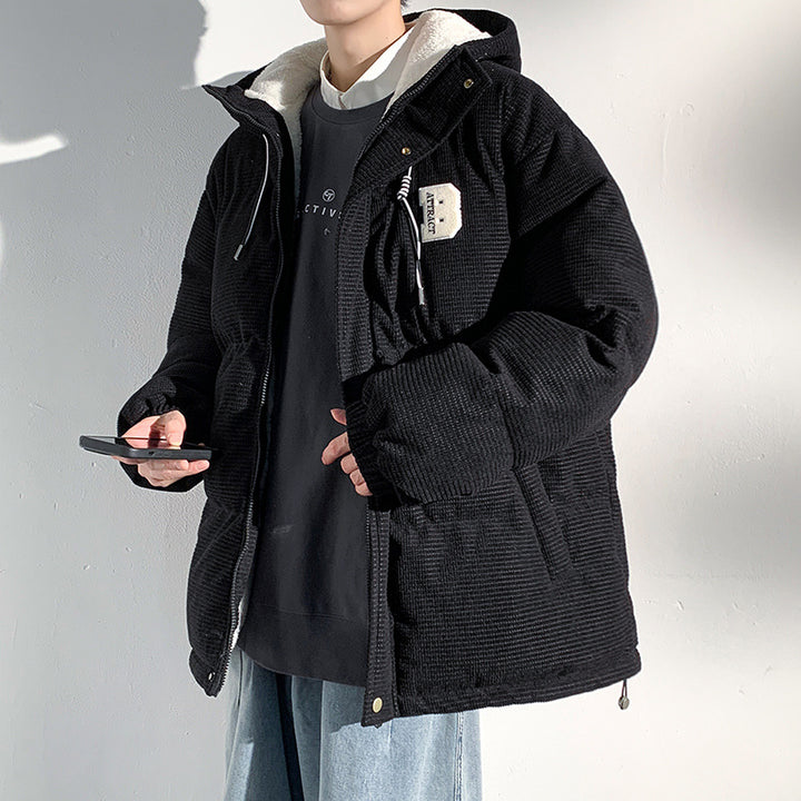 Herren Gepolsterte Cord-Steppjacke mit Kapuze, Teddyfleece-Innenfutter und Oversize-Schnitt Drune