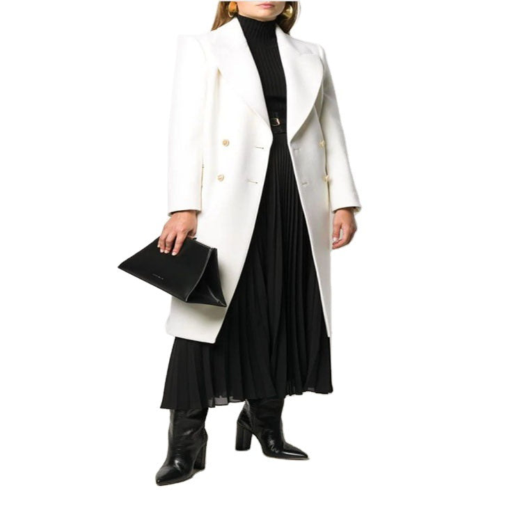 Damen Schlanker Zweireihiger Wollmix‑Longmantel mit Schalkragen, Goldknopf‑Detail und Pattentaschen Drune