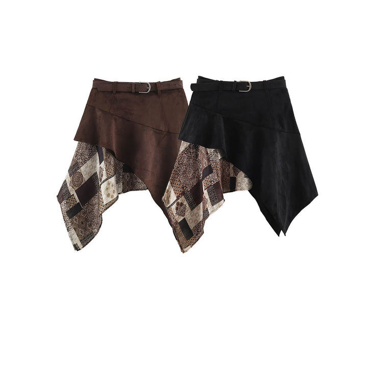 Damen Asymmetrischer Patchwork-Wickelrock mit Taillengürtel und Lagenoptik Drune
