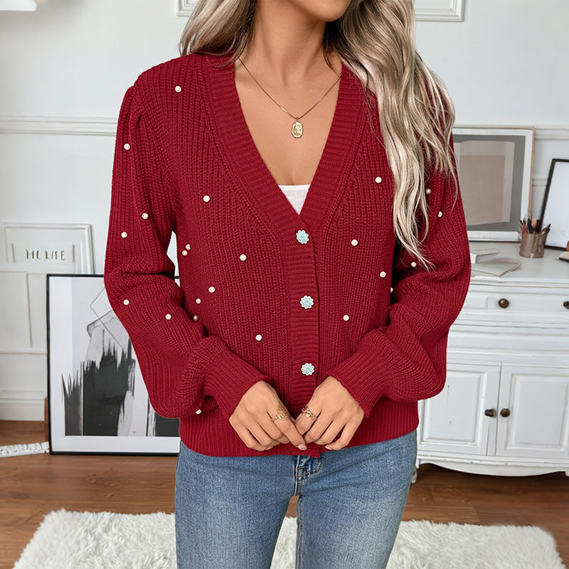 Damen Stilvolle Strickjacke mit Perlendetails Drune