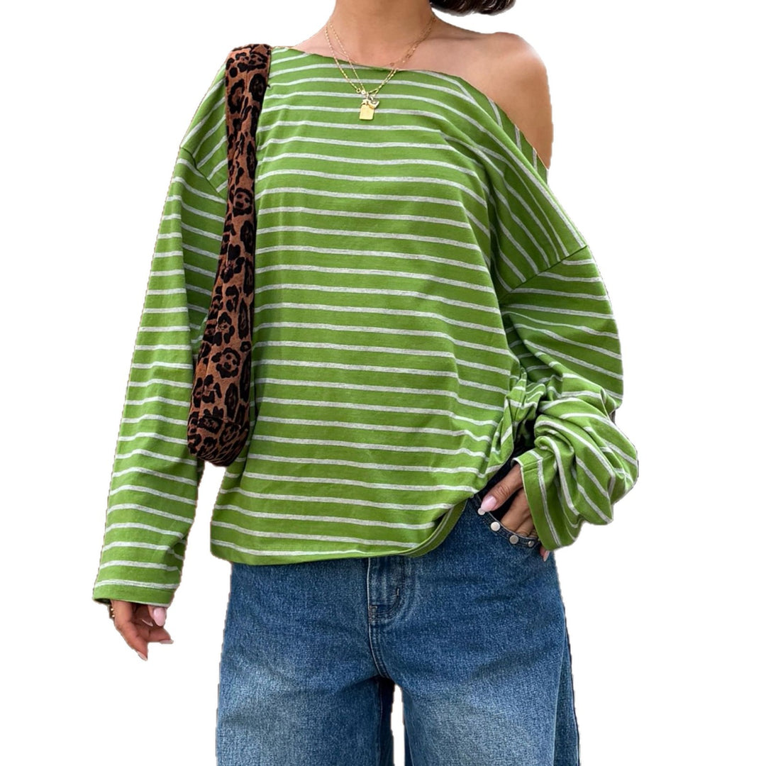Damen Oversize-Langarmshirt mit breitem Ausschnitt, maritimem Streifen und relaxed Fit Drune