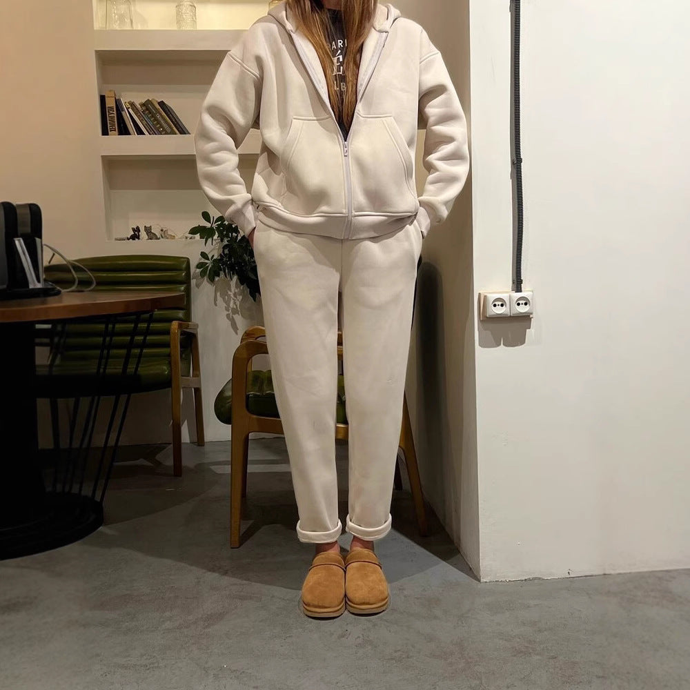 Damen lässiges Fleece-Zweiteiler mit Oversize-Kapuzenjacke und tapered Joggerhose Drune