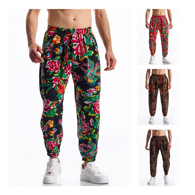 Herren lässige Haremshose mit buntem Blumenmuster und Gummizug Drune