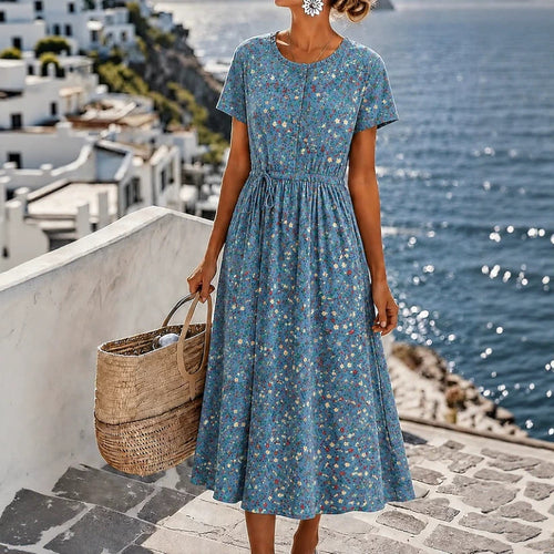 Damen Midikleid mit floralem Alloverprint, Tunnelzugtaillenband und Knopfleiste Drune