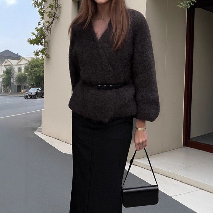 Damen Flauschiger Mohair-Pullover mit Ballonärmeln und leichtem Cropped-Schnitt Drune