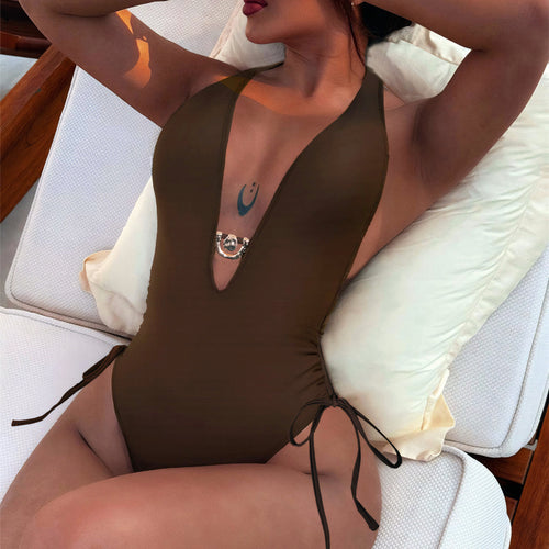 Damen Eleganter Cut-Out Badeanzug mit tiefem V-Ausschnitt und stylischen Bindebändern Drune