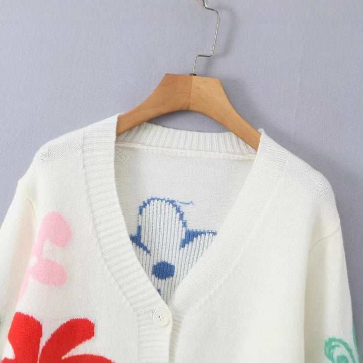 Damen gemütlicher Strickcardigan mit buntem Blumenmuster Drune